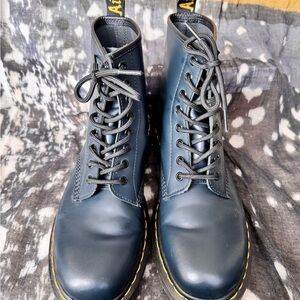 Dr. Martens Navy Leather Combat Boots with Yellow Stitching